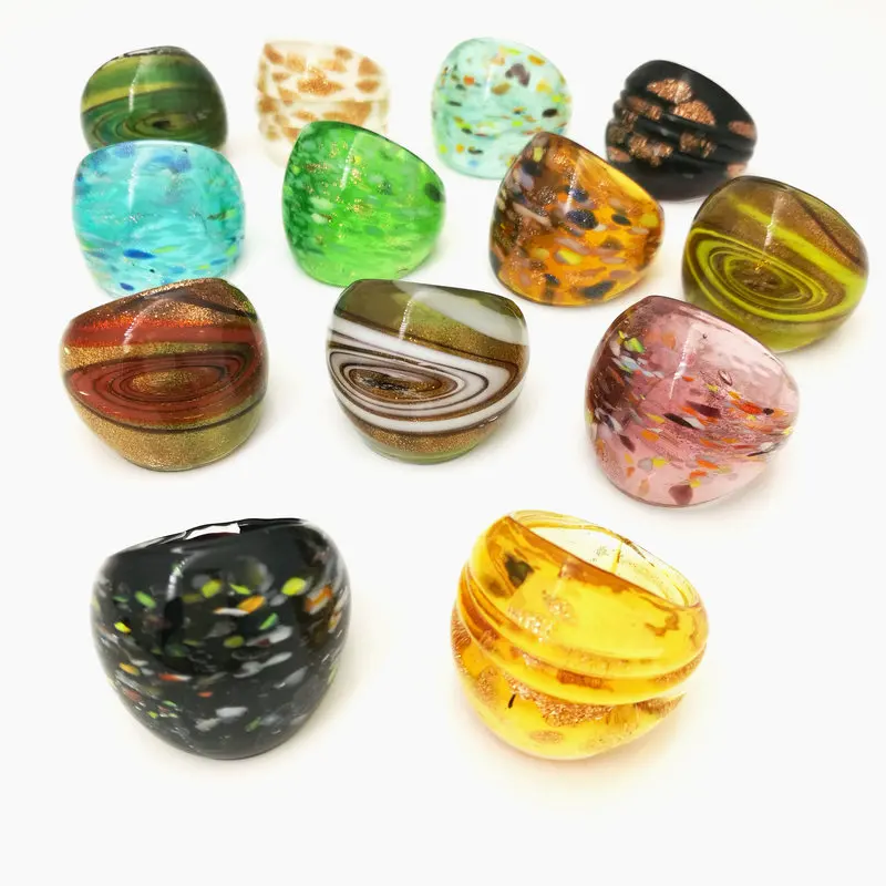 13 PCS Randomly Mixed With Coloured Glaze Murano Hot Gold Foil Color Rings More 17-19 MM