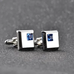 A Pair High Quality Trendy Silver Color Square Cufflinks Classic Men Luxury Blue White Crystal Cuff Links French Shirt Cufflink