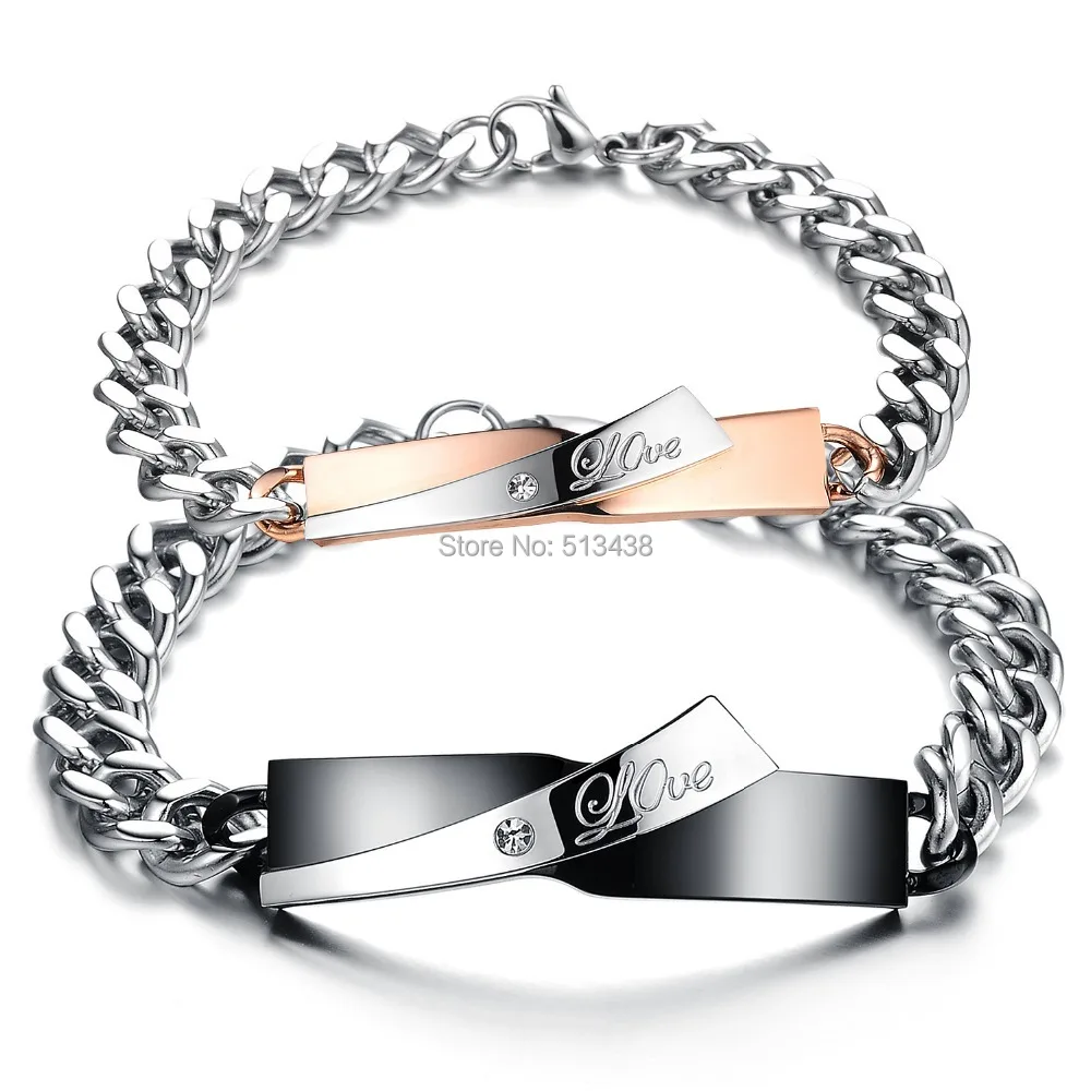 Couple Bracelets Chain Link Love Set Stainless Steel Bangle True Love Gifts W CZ