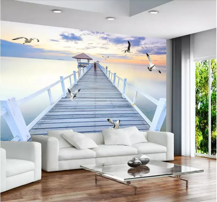 

Custom Any Size Mural Wallpaper Modern Sunset Wood Bridge Sea View Wall Painting Living Room TV Sofa Bedroom Space Wall Paper 3D