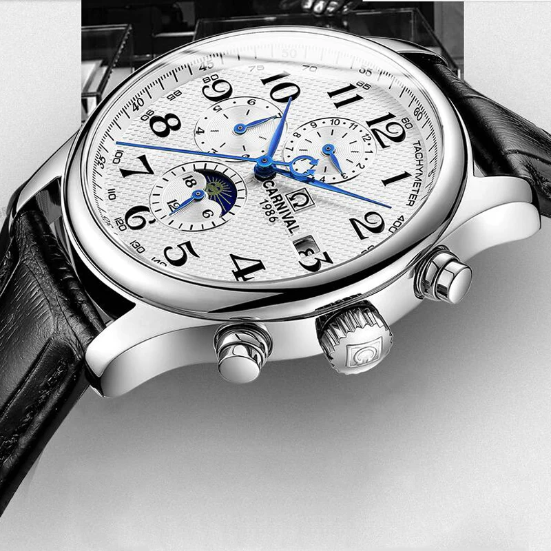 CARNIVAL Top Brand Luxury Mens Watches Moon Phase Date Black Leather Automatic Mechanical Man Watch Relogio Masculino