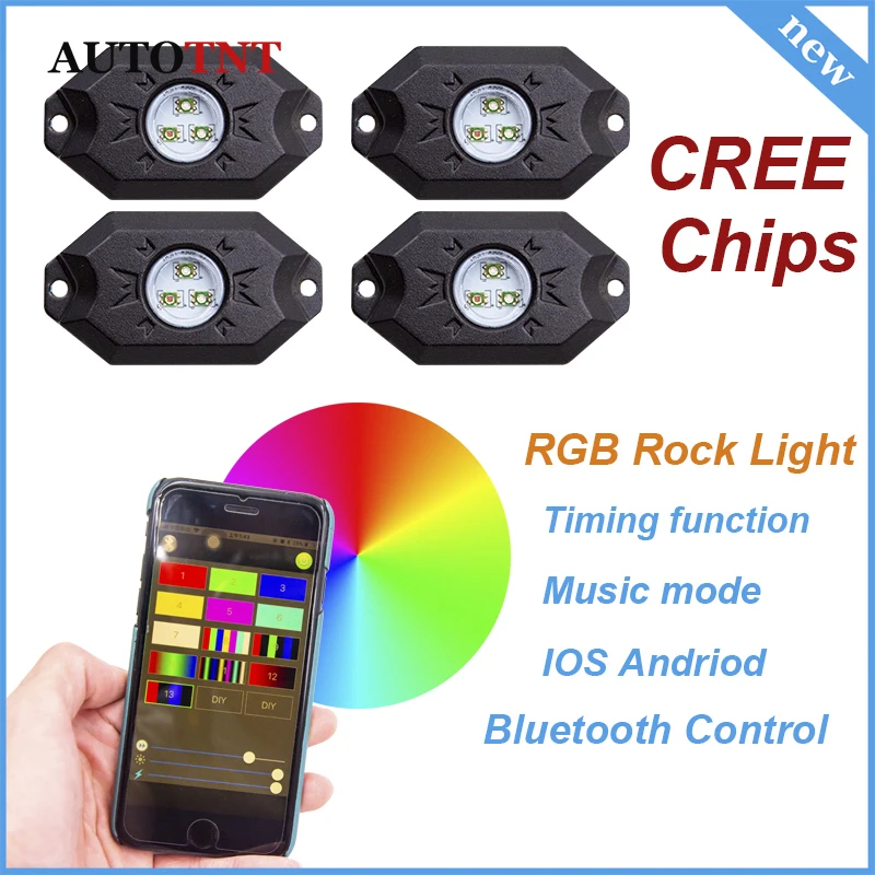 4pcs Music Mini Bluetooth RGB LED Rock Light DRL with Cree Chip for Jeep Wrangler Tractor Boat OffRoad 4WD 4x4 Car Truck SUV ATV