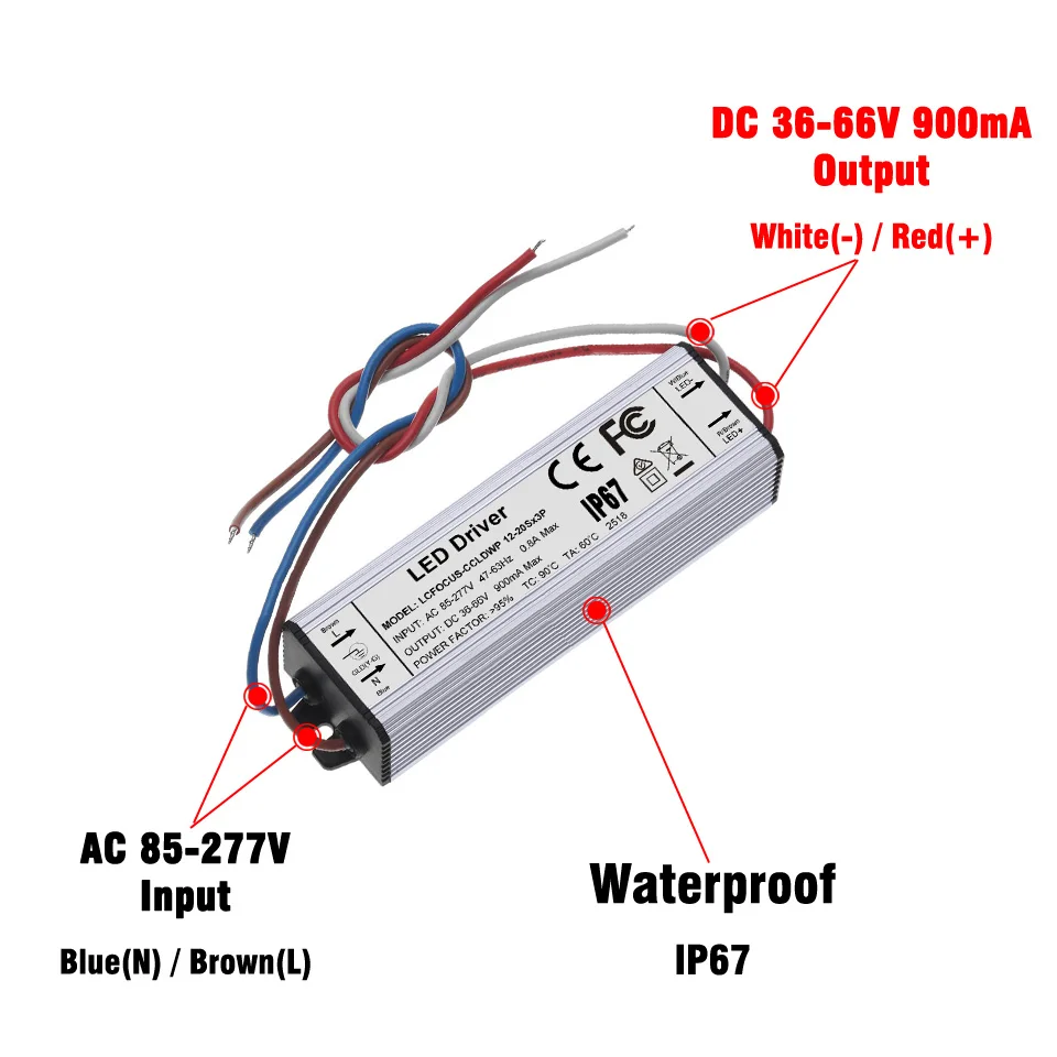 ハイパワーledコントローラー,60 w,36w,42w,45w,48w,54w,60 w,900ma,防水ip67,36 42 45 48 54 60w投光器用電源,DC35-66V