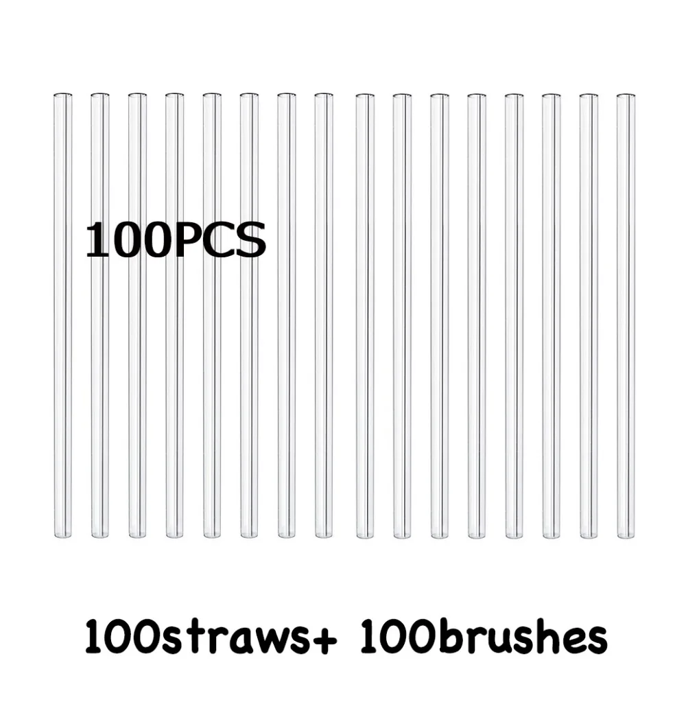 100PCS  Handmade Glass Straws Clear Straight 20cm x 8 mm  - Premium Glass - Healthy, Reusable