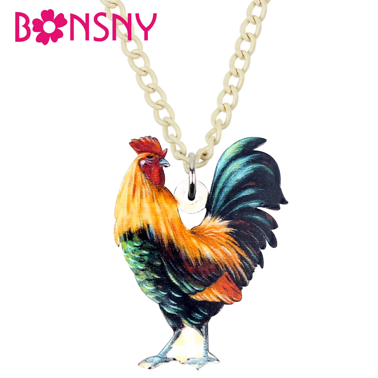 Bonsny Acrylic Unique Chinese Rooster Pendant Necklace Chain Choker Fashion Design Jewelry For Women Girls Charms Party Gift