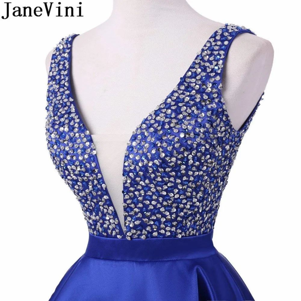 JaneVini 2019 Beaded Short Homecoming Dresses Royal Blue Satin Graduation Formal Dress V-Neck Party Gown vestido de graduacion