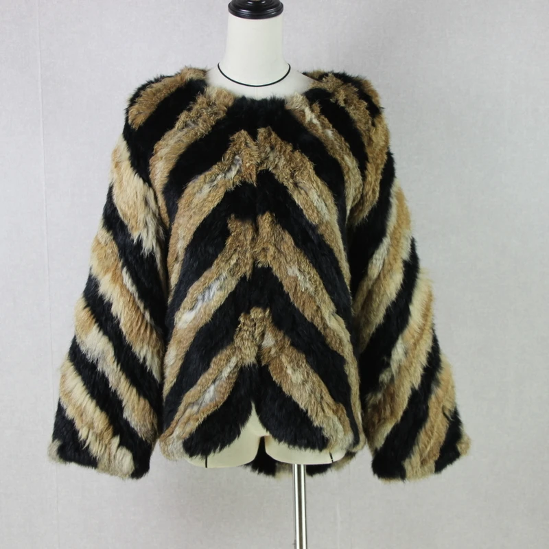 real rabbit fur jackets knitted Fur Outwear Made by two-color stripe real fur coat fur coats Wholesale and Retail Happihop new