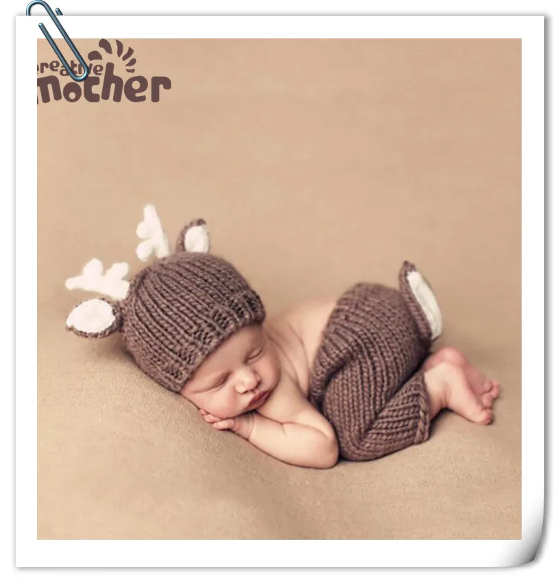 

Newborn Photography Props Knitted Baby Photo Clothing Deer Shaped Handmade Crochet Hat + Pants Set Baby Photo Clothes