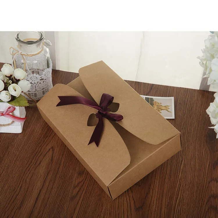 

21.5*14*5CM kraft paper Gift Box Clothes Scarf Shirt Box with ribbon brown packaging boxes for wedding gift 20pcs/lot