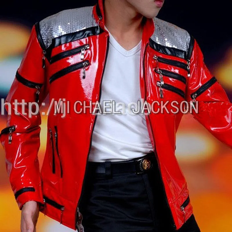 Impersonator Michael Joseph Jackson Costumes Jacket Red Beat It Zipper Sequins Leather Casual Dancer Shows Halloween