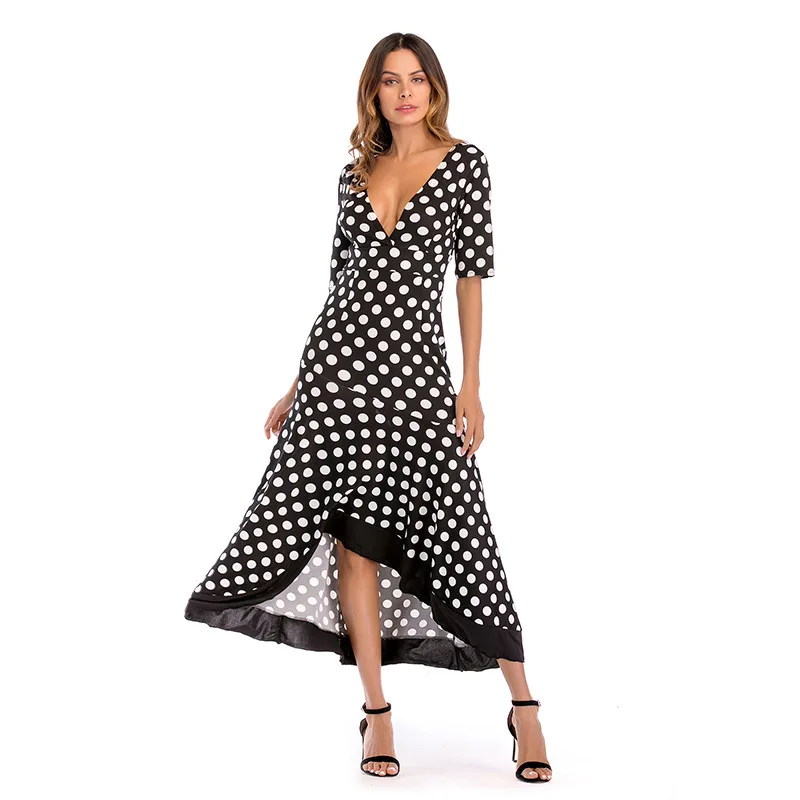 GUIYI Deep V Collar Irregular Printed Dot Lotus Leaf Maxi Dress Halter Dress Wave Blackless Milk Silk Flouncing Longuette