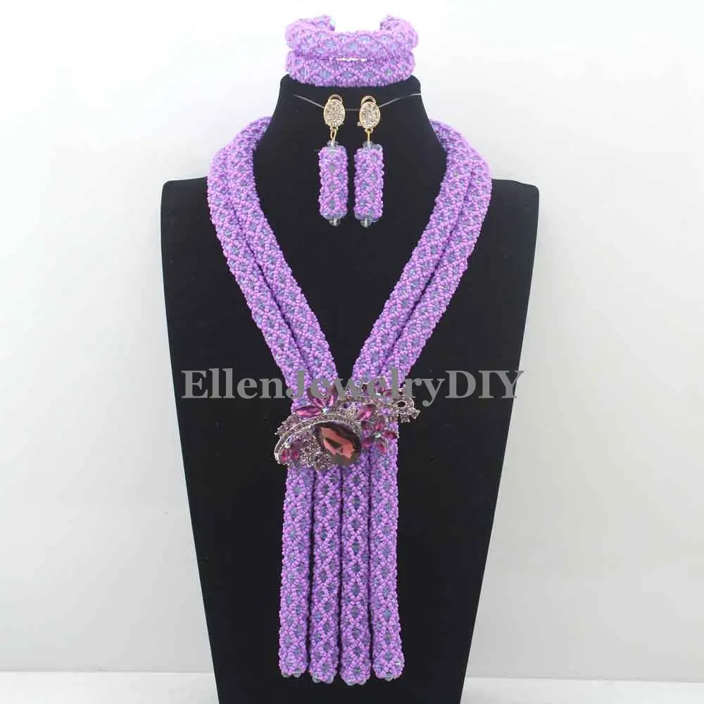 

Stylish Lavender Nigerian Wedding bridal beads Flower African Beads Jewelry Set Handmade Indian Dubai Bridal Necklace W13616