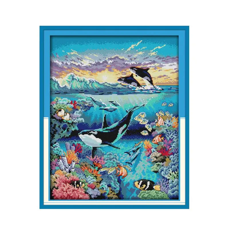 

Blue Ocean Sea World Animal Whale, Handmade Sewing Kit Cross Stitch Embroidery Sewing Decoration Hanging Picture