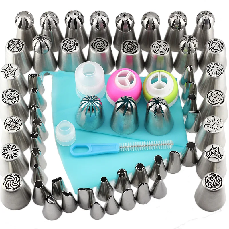 

Mujiang 62Pcs/Set Russian Icing Piping Tips 1 Pcs Silicone Bag 4 Coupler Leaf Nozzles Brush Cupcake Cake Decorating DIY Dessert