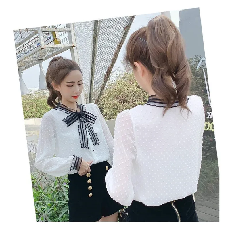 Spring New Korean Chiffon Shirt Women Bowknot Long Sleeve White Blouse Clothes Girl Summer Autumn Casual Fashion Slim Top H9140