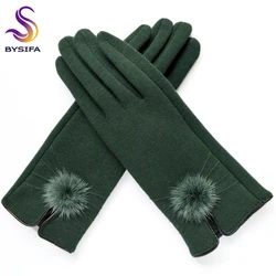 [BYSIFA] Women Mittens Gloves Winter Mink ball Wool Gloves Fashion Opening Design Ladies Gloves New Elegant Black Green Gloves