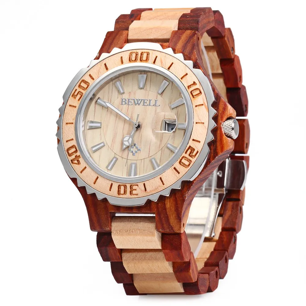 BEWELL Luxury Wooden Men Quartz Watch Waterproof Luminous Hands Calendar Sandalwood relogio masculino Male Dress Watches 2017