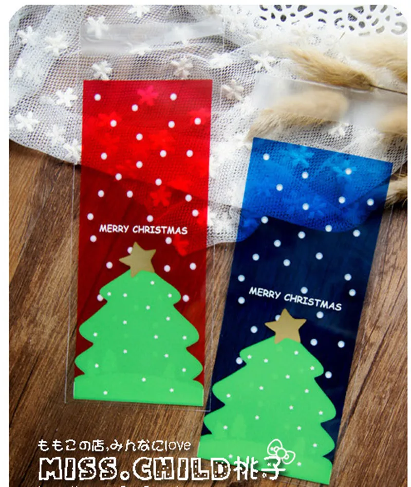 50pcs/lot Christmas cookies bags transparent red blue christmas tree self-adhesive bags diy gift packaging bag