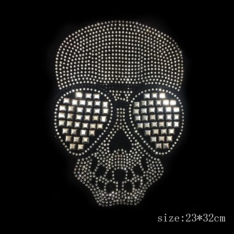 23*32cm glasses Skull patches hot fix rhinestone transfer motifs iron on design rhinestone applique patch for shirt