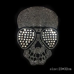 23*32cm glasses Skull  patches hot fix rhinestone transfer motifs iron on design rhinestone applique patch for shirt