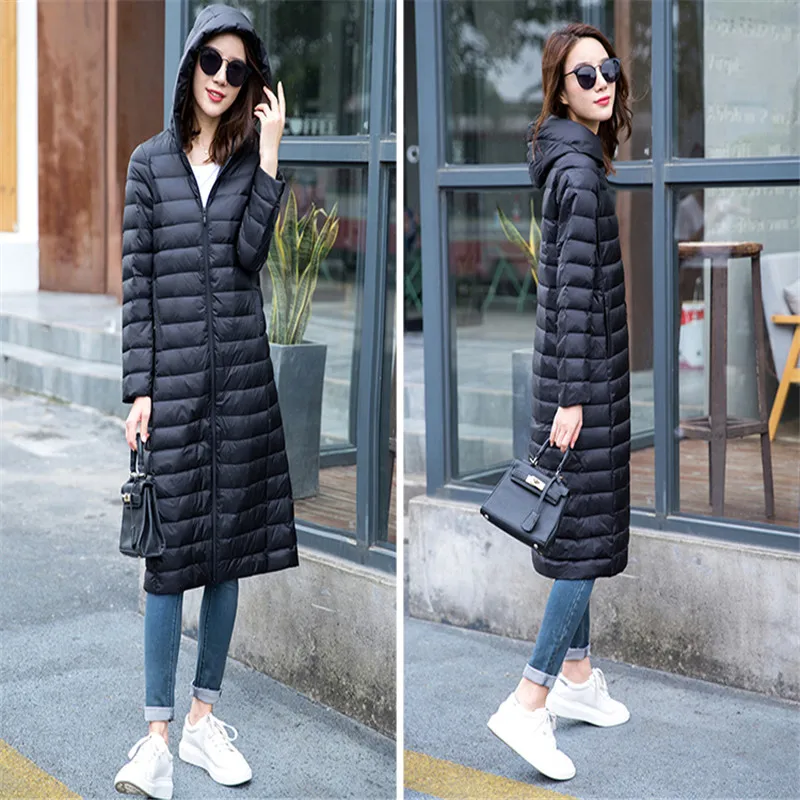 Women Down Jacket 2022 New Autumn Winter Warm Light Thin White Duck Down Coat Parkas Female Long Hooded Puffer Outerwears 4XL