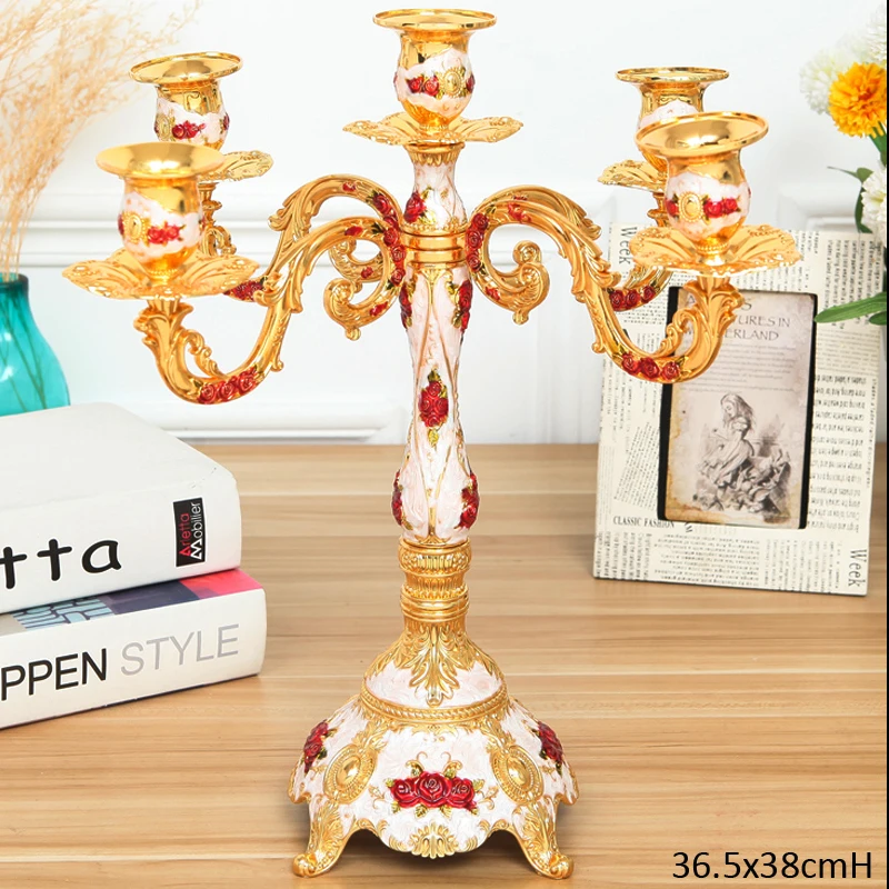 Luxury European Embossed Rose Flower Design Gold Plate White Red Hand Paint Home Table Metal Alloy 5 Pieces Stick Candle Holder