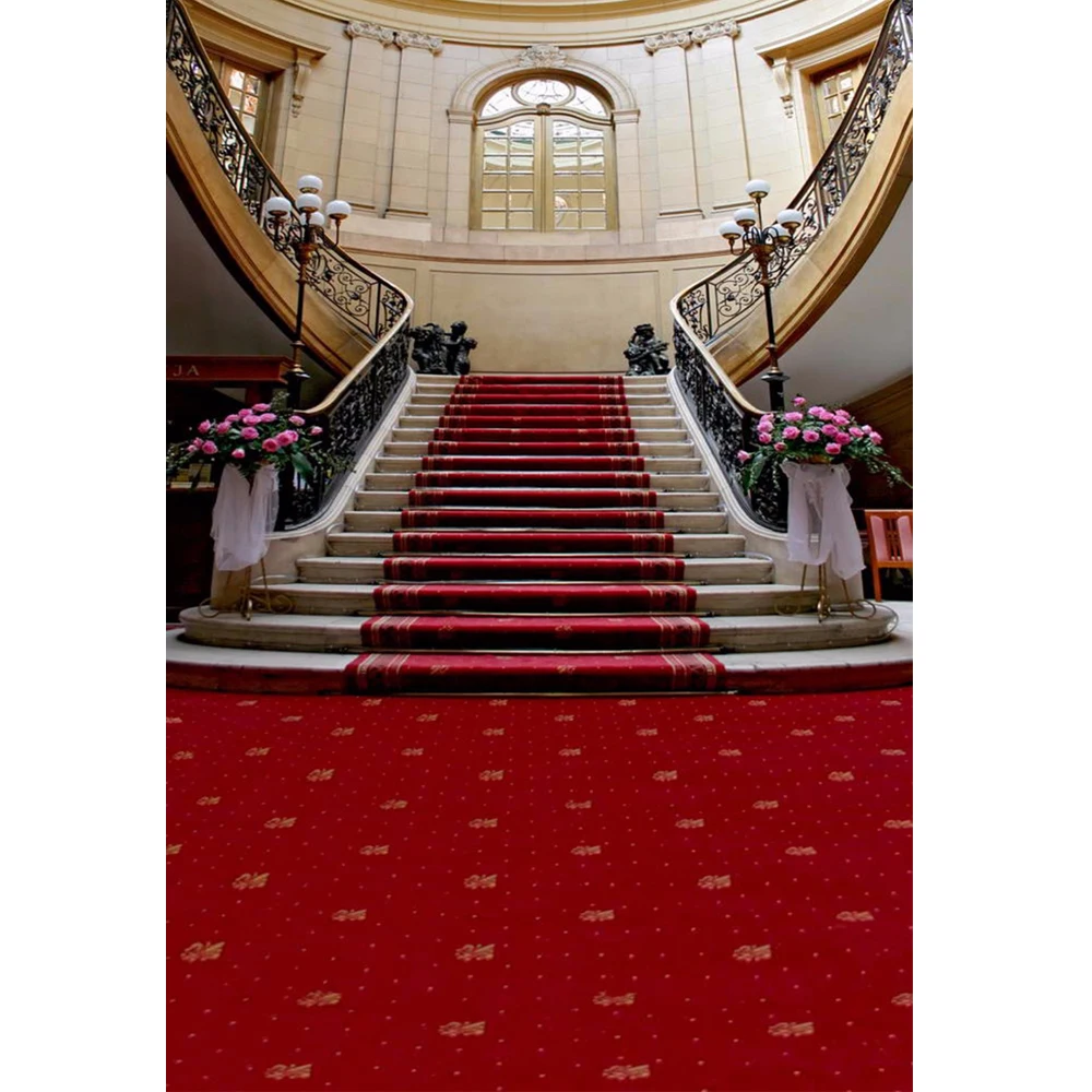 

Interior Palace Staircase Wedding Party Themed Photography Backdrop Red Carpet Pink Flowers Window Wall Photo Studio Backgrounds