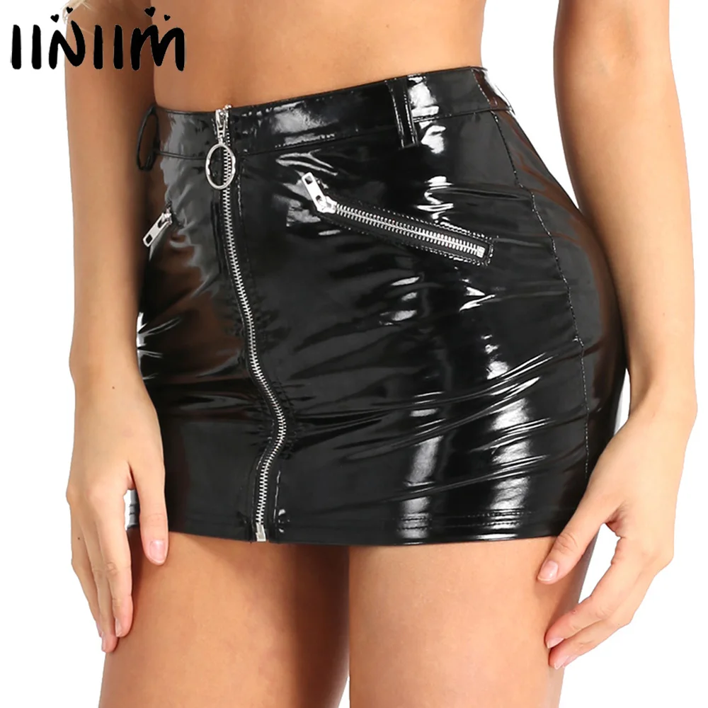 Women Ladies Wetlook Costumes Femme Skirts Stretchy Faux Leather Fake Zipper Pockets Bodycon Sexy Club Mini Skirt Party Clubwear