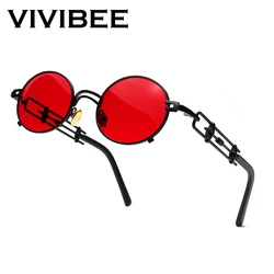 VIVIBEE Punk Oval Red Sunglasses Men Metal Black Frame Hip Hop for Women Vintage Small Sun Glasses 90s Steampunk Accessories