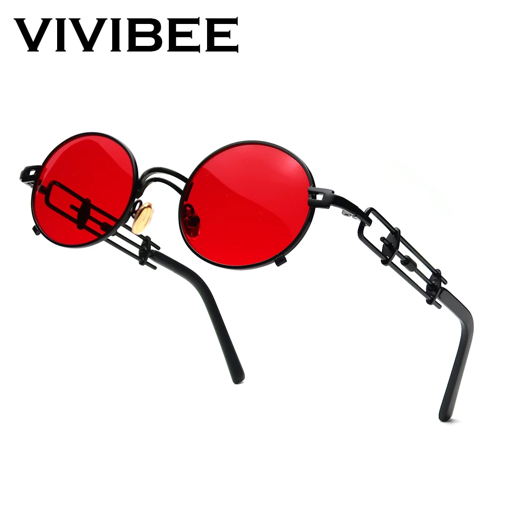 VIVIBEE Punk Oval Red Sunglasses Men Metal Black Frame Hip Hop for Women Vintage Small Sun Glasses 90s Steampunk Accessories