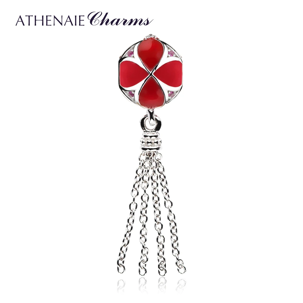 

ATHENAIE 925 Sterling Silver Red Emnal Lucky Clover Tassel Pendant Drops Charms