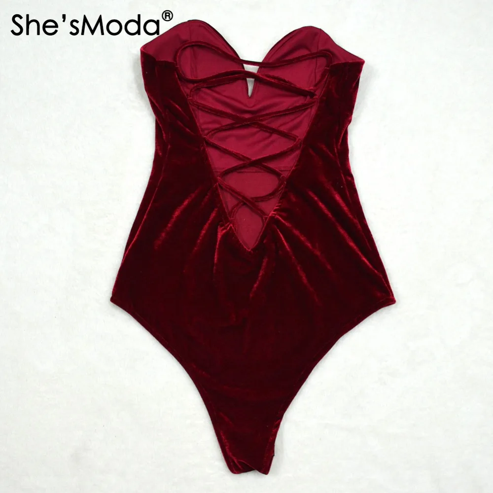 She\'sModa Velvet Wrapped Chest Playsuit V-neck Backless Hollow Cross Strappy Sleeveless Women\'s bodysuit jumpsuit