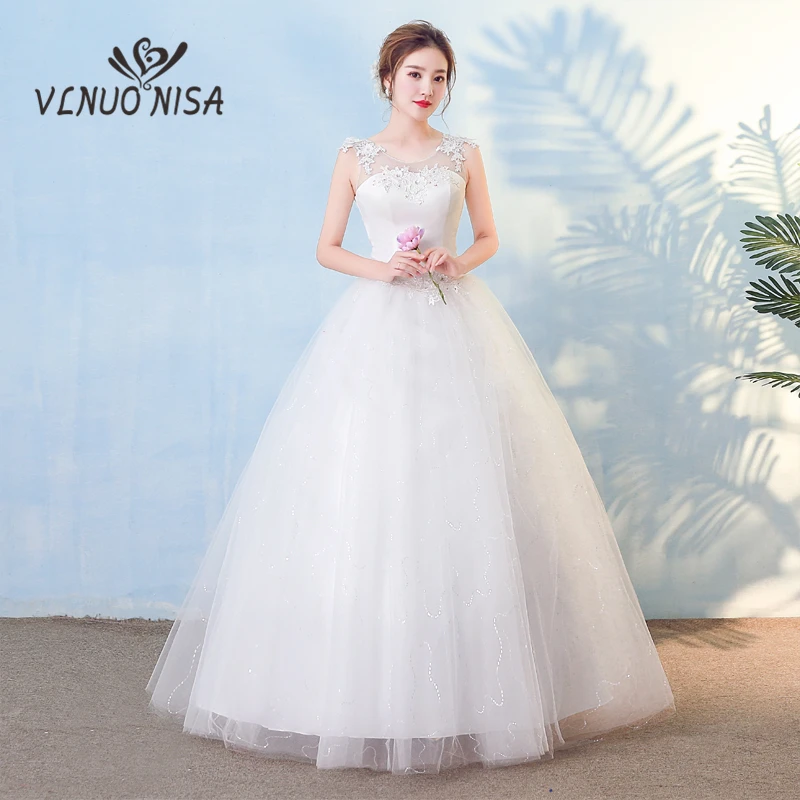 VLNUO NISA New Fashion Simple O-Neck Wedding Dress with Elegant Lace Appliques Backless Lace Up Plus size Bride Ball Gown Cheap