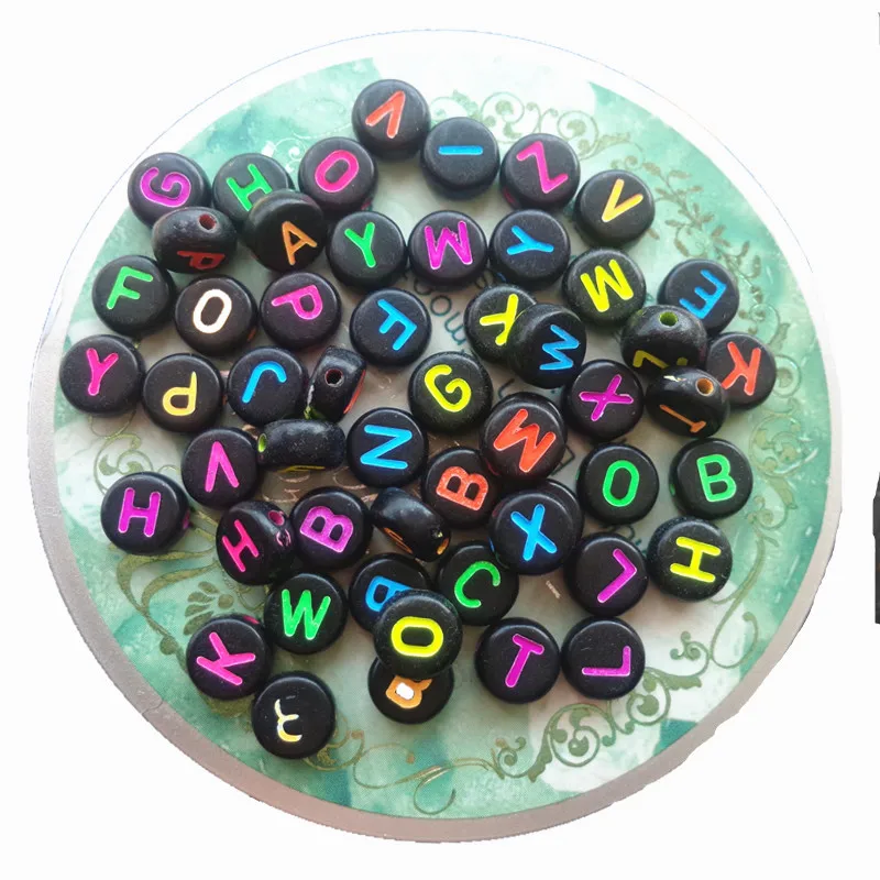 Free Shipping 4*7MM 3600PCS/Lot Black with Colorful Printing Acrylic Flat Round Alphabet Letter Beads Plasitc Coin Beads