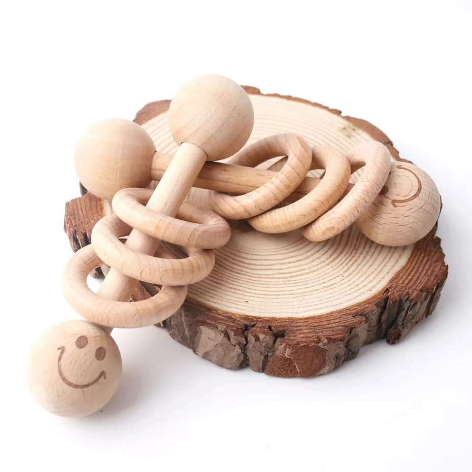 

10pcs Beech Wooden Rings Teether Rattle Toys Safe and Natural Baby Shower Gift Soothe Baby Nursing Accessories Teething