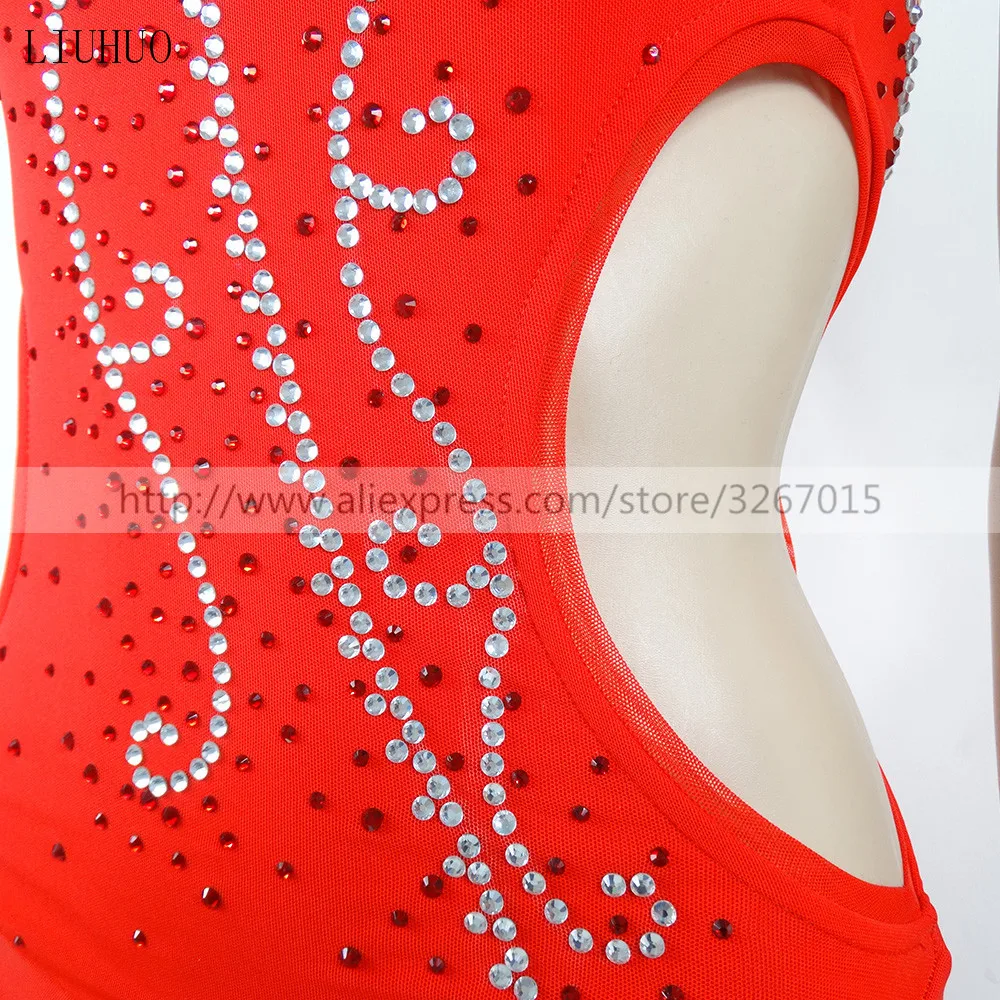 LIUHUO Costume da ballo per palo da donna nuovo rosso tessuto elastico alto garza Sexy strass lucido senza maniche rullo adulto