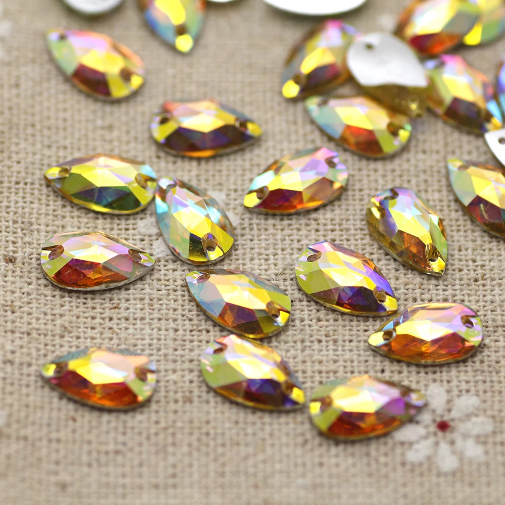 100pcs 7*12mm Gold AB Silver Base FlatBack Sew On Stone Droplet Resin Sewing On Rhinestone For Jewelry And Strass