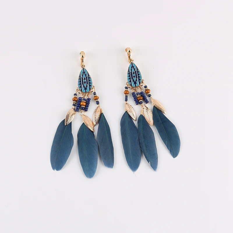 Fashion Bohemian Long Tassel Enamel Feather Clip on Earrings for Women Without Piercing Hanging Ear Clips Female Bijoux 2018