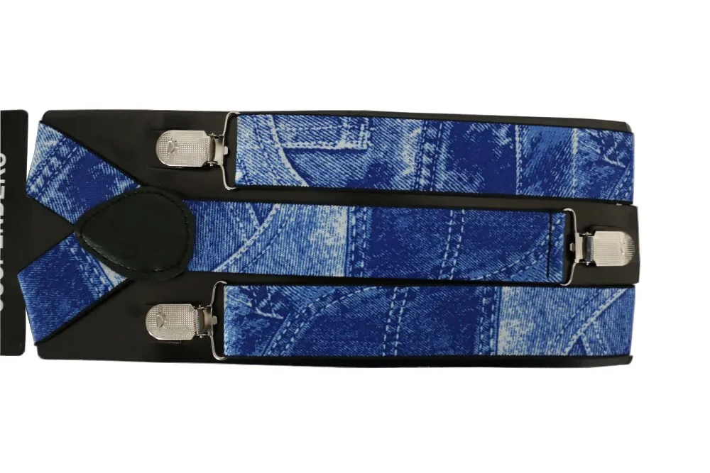 Winfox 3.5cm Wide Adustable Male Suspenders Belts 3 Clips Denim Blue Elastic Braces For Mens Suspender