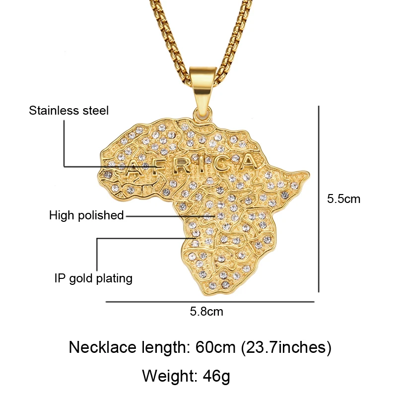 Iced Out Rapper CZ Stone Bling Africa Map Pendants Stainless Steel Chain Necklace for Men HIP Hop Jewelry