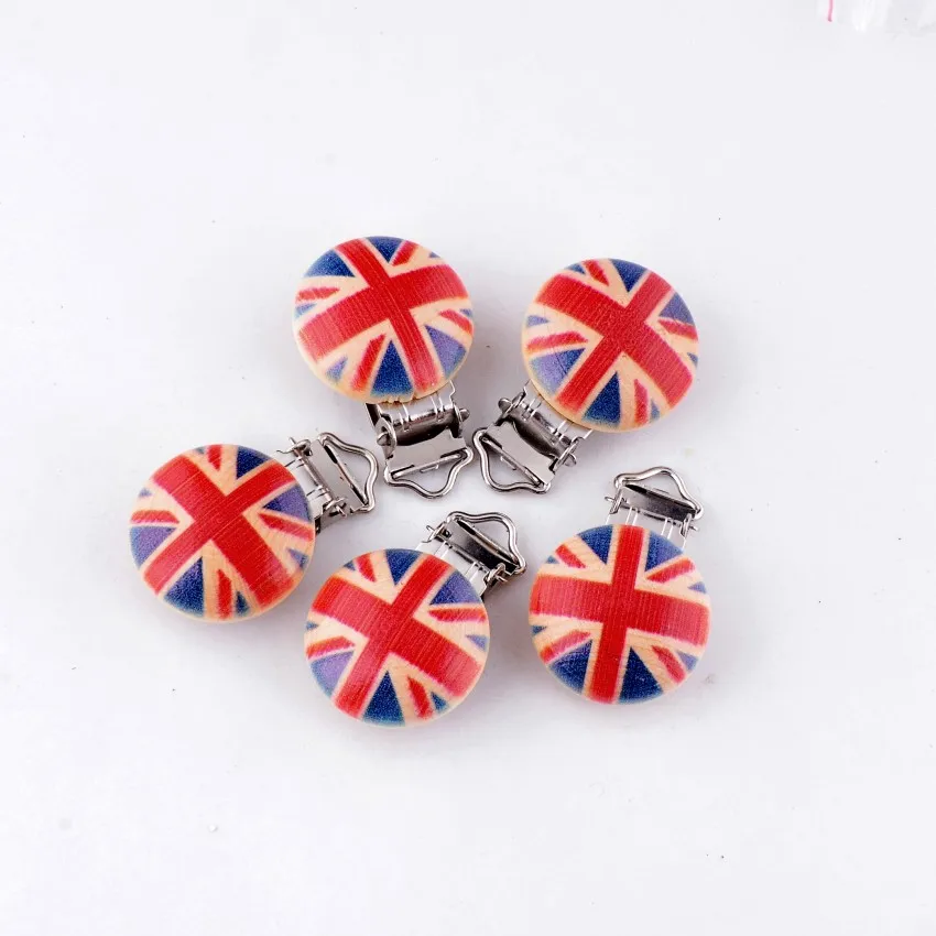 5PCs Baby Pacifier Clips UK Flag Pattern Wood Metal Holders Cute Infant Soother Clasps Accessories 4.4x2.9cm