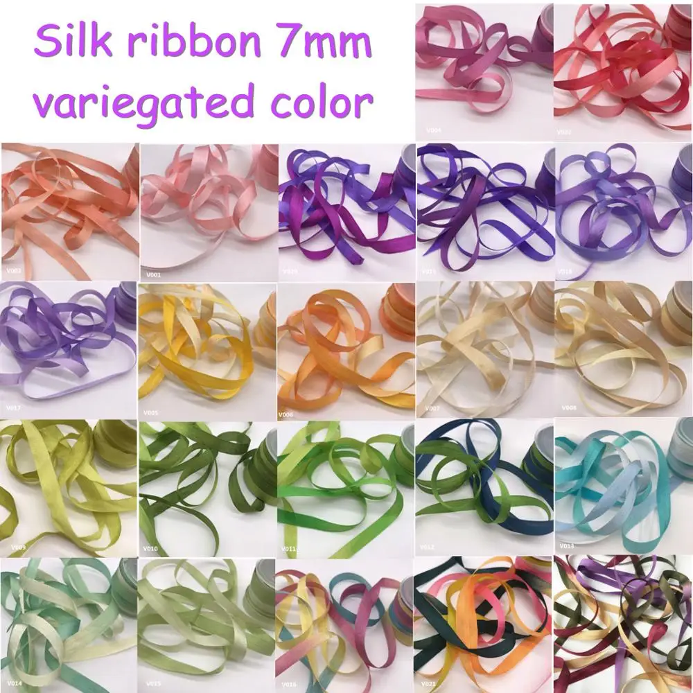 7mm silk ribbon variegated color,100% real pure mulberry silk woven double face taffeta silk ribbons for embroidery high quality