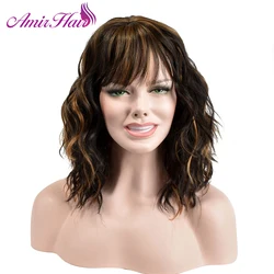 Amir Synthetic Short Curly Wigs Black Bob Wig with Bangs Brown Wig Middle Part Hair Cosplay Wig Female Natural Hair Woman Wigs