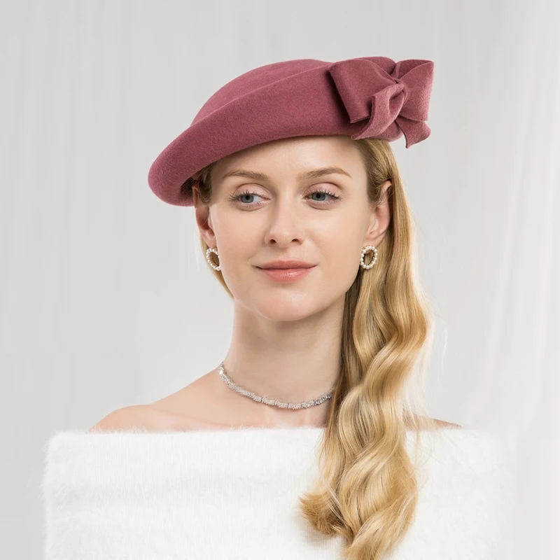 

Lady Fedoras Wool Hat Student Bowtie Fedoras Hats Girls Autumn Winter Party Cap Vintage Celebrity Hat British Wool Beret Hat A22