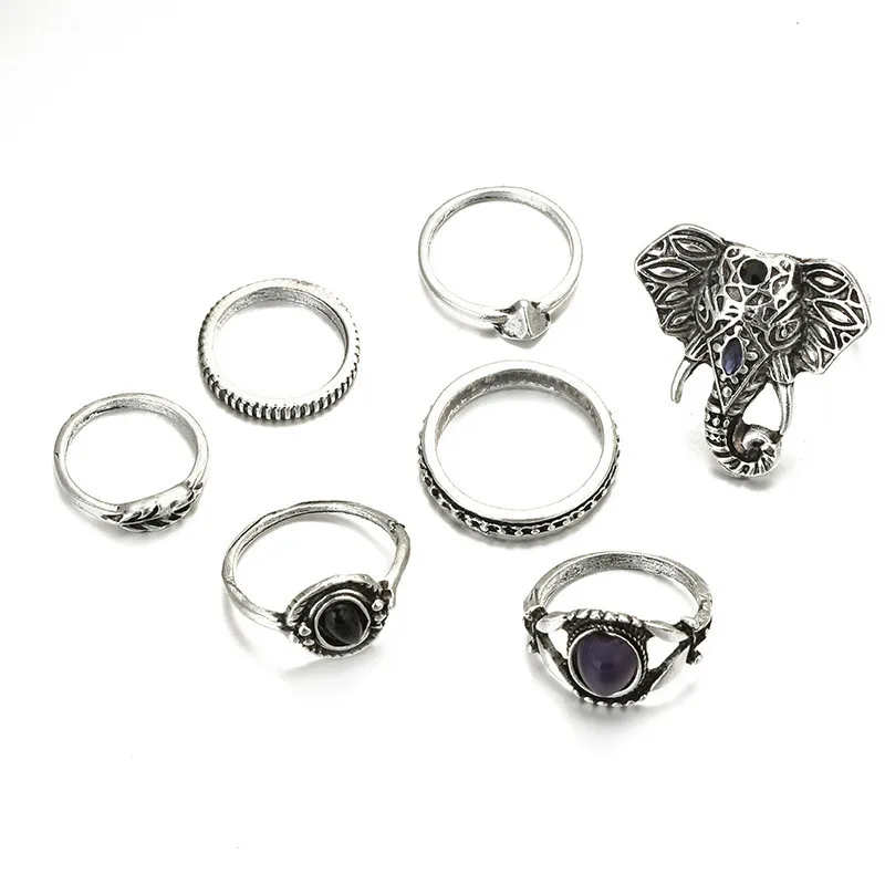 7pcs/set Vintage Stylish Punk Black Blue Opal Elephant Ring Set for Women Boho Carved Knuckle Midi Rings Set Party Gift