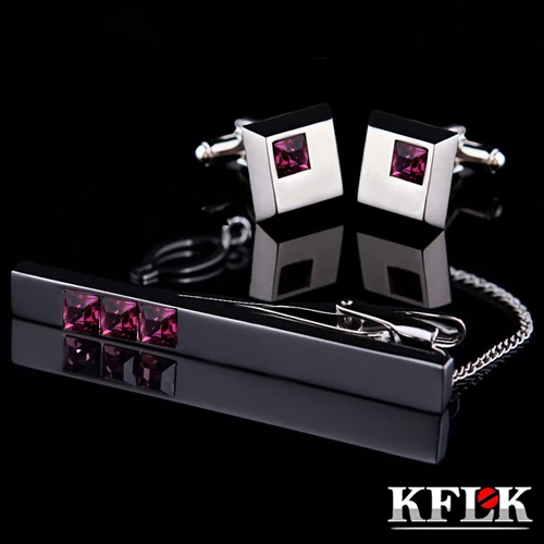 KFLK Cuff links necktie clip for tie High Quality  tie pin for men Purple Crystal tie bars cufflinks tie clip set  Jewelry