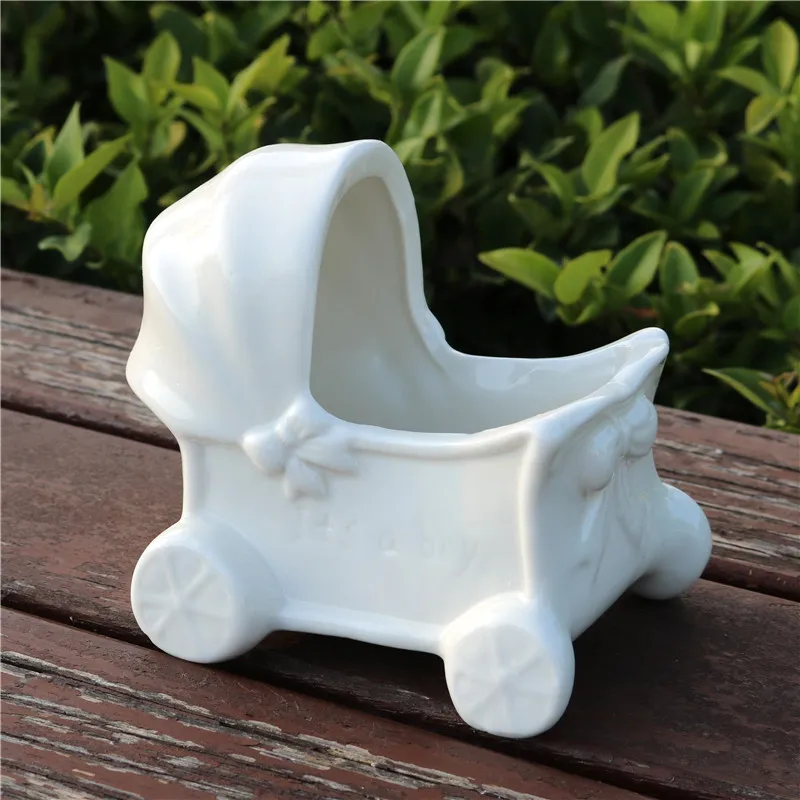 

Mini Ceramics Baby Stroller Model Flower Pot Decorative Porcelain Baby Carriage Planter Novelty Ornament Handicraft Accessories