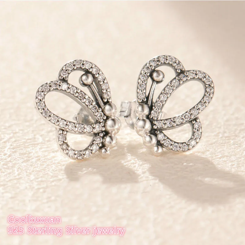 

Spring 100% 925 Sterling Silver Butterfly Outlines Earrings white CZ Original European Style Brand woman Jewelry