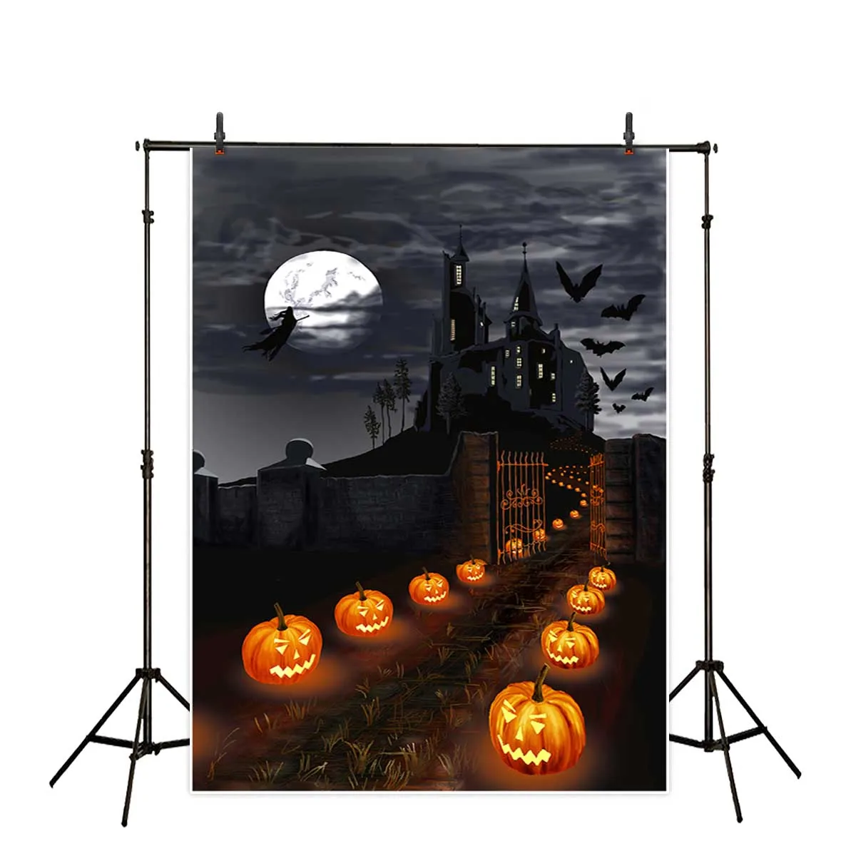 Allenjoy Halloween Backdrops Photophone Castle Witch Pumpkin Lamps Path Night Moon Photography Backgrounds for Kids Photocall