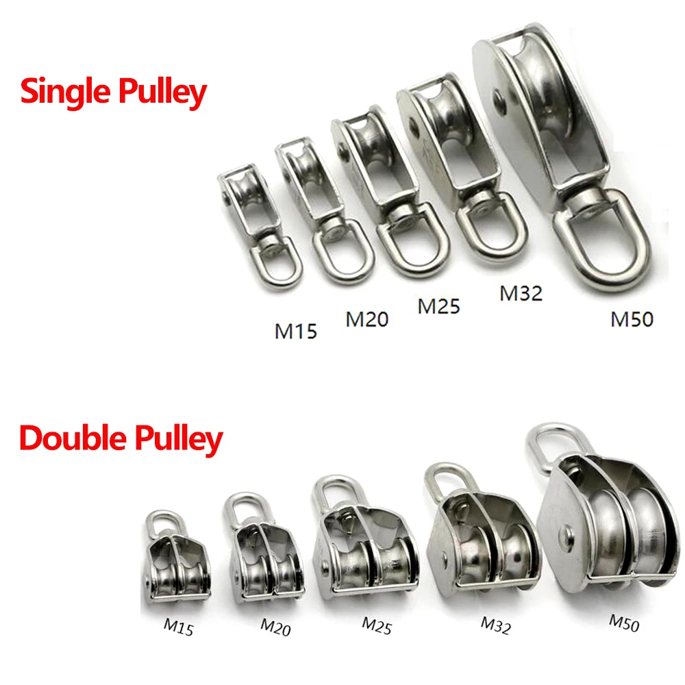 1PC M15 M20 M25 M32 M50 Stainless Steel 304 Single or Double Wheel Swivel  Lifting Rope Pulley Block 35KG-400KG for Wire Rope